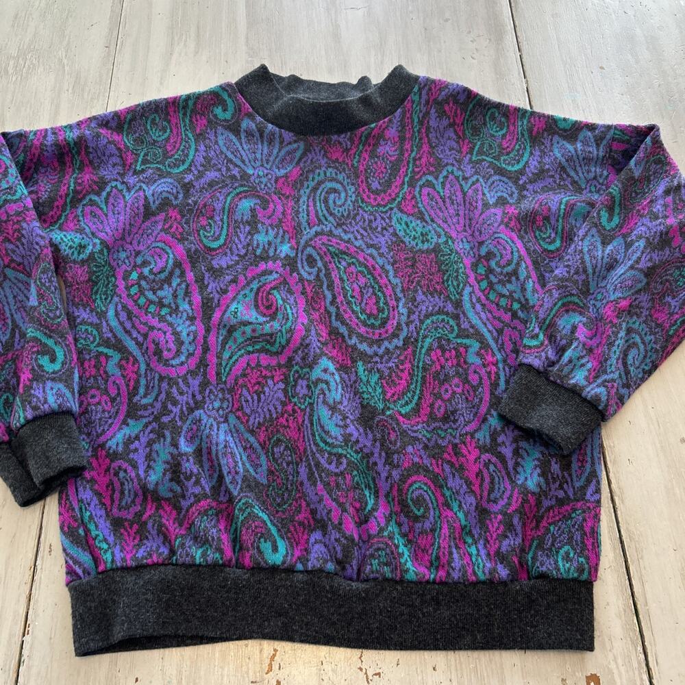 Vtg Season Ticket Teal Purple Pink Floral Paisley 80s Sweater Women’s Sz M